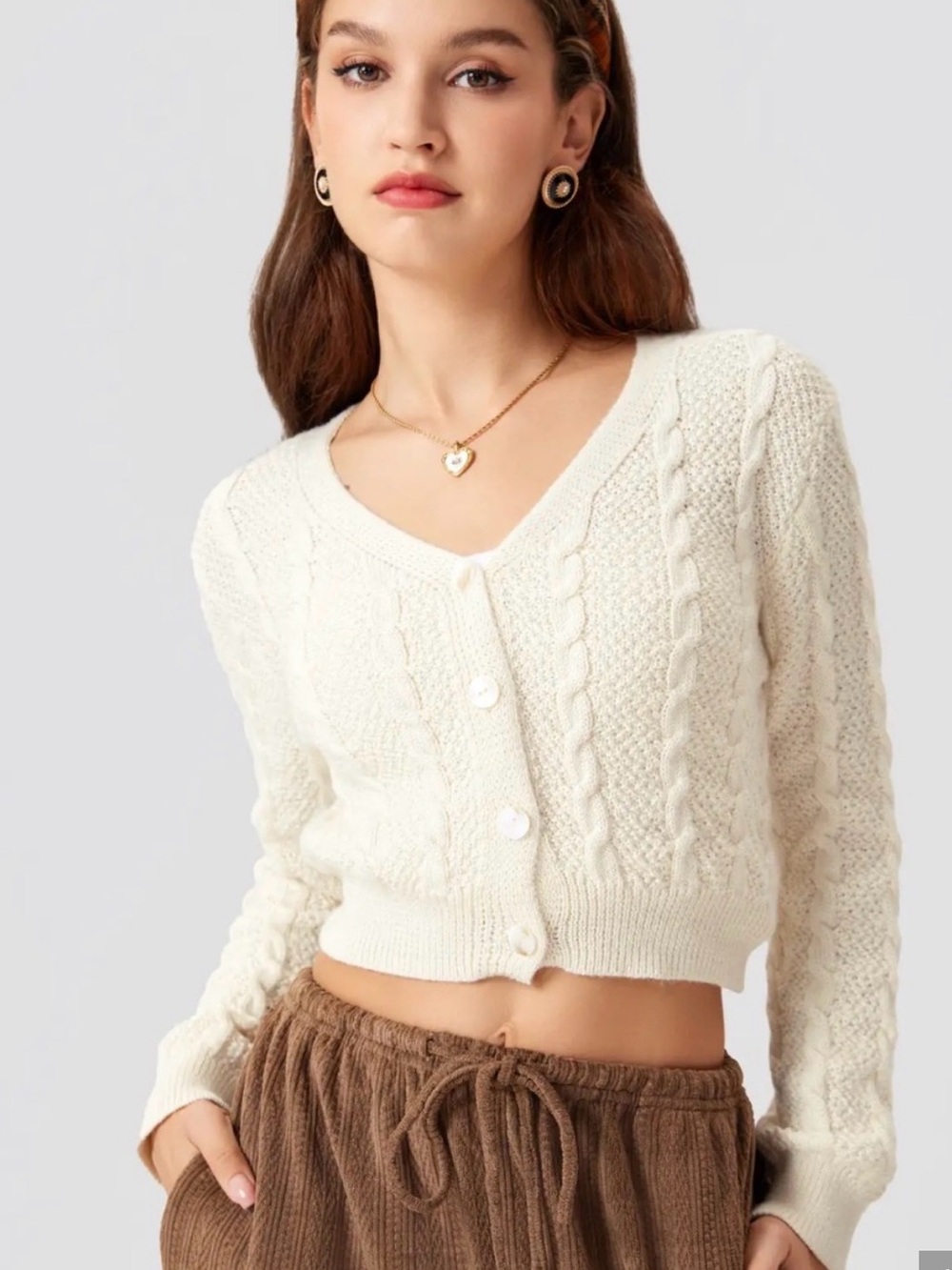 Cider Ivory Cropped Cable-Knit V-Neck Cardigan